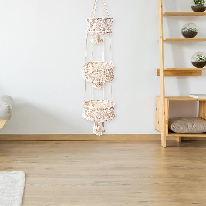 Multi Layer Woven Rope Organizer | Boho Hanging Plant Holder – 3-Tier Macrame Flower Basket, Decorative Indoor Pot Storage, Unique Hanging Ornament for Bedroom, Balcony, Kitchen, Office, Housewarming