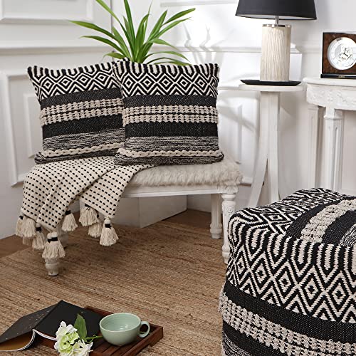 · REDEARTH · Handmade Boho Throw Pillow Covers - Bohemian Chic Farmhouse Style - Accent Woven Indoor and Covered Patio Pillow Cushion Cases for Couch, Bed, Chair, Sofa, Benches – Set of 2-18"x18" - - color: Char Delineate Black, size: 18" x 18" (Pack of 2