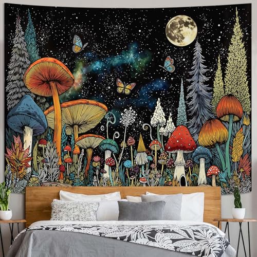 Accnicc Hippie Mushroom Forest Tapestry Fantasy Starry Night Moon Pine Tree Wall Tapestry for Bedroom Aesthetic Butterfly Small Tapestries Wall Hanging for Dorm Living Room Decor 60 × 44 Inch - color: Black Cyan, size: 60"L x 44"W