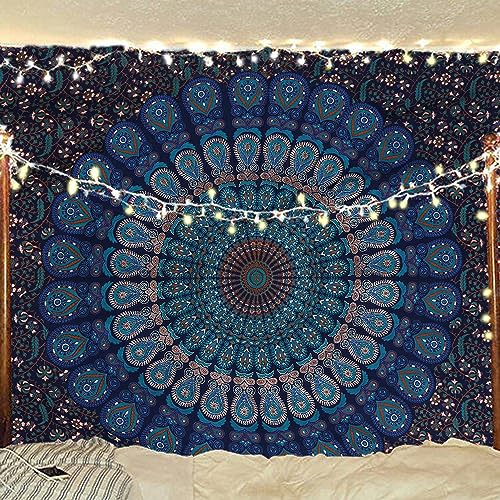 Bless International Handmade Indian hippie Bohemian Psychedelic Peacock Mandala Wall hanging College Dorm Beach Throws Table Cloth Bedding Tapestry (Blue Green, Poster(30x40Inches)(76x101cms)) - color: Blue Green, size: 40"L x 30"W