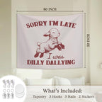 STHTTSW Funny Sheep Tapestry, Sorry I'm Late I was Dilly Dallying Tapestries Wall Blanket, Cute Lamb Wall Hanging Decor for Living Room Home Bedroom, 50x60 Inch