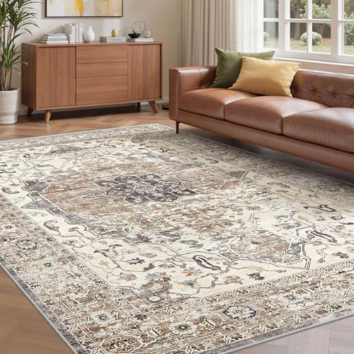 befbee 5x7 Area Rugs for Living Room, Stain Resistant Neutral Washable Rugs for Dining Room, Floral Vintage Non-Slip Thin Large Size Area Rug (Brown/Grey) - color: Brown/Grey-1, size: 5' x 7' (Rectangular)