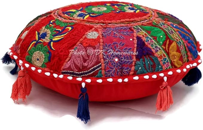 Indian Ethnic Floor Cushion for Kids Bohemian Red 18 Inch Patchwork Meditation Ottoman Stool Home Decor Embroidered Vintage Cotton Round Floor Pillow Adult 18x18