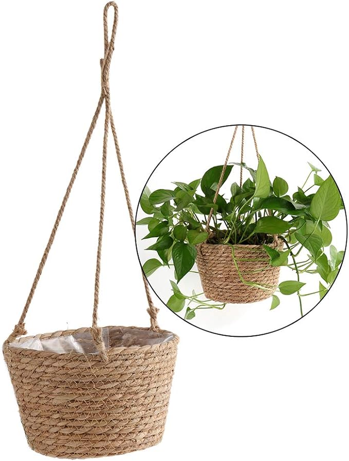Hanging Planters for Indoor Plants, Hanging Planter with Jute Rope Woven Hanging Flower Pots Hanging Plant Holder Hanging Basket Retro Style Straw Basket for Office Party (1 Pack)
