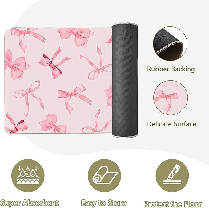 Bow Rugs for Kitchen Floor, 2PCS Anti Fatigue Pink Bow Mats for Kitchen Floor Rubber Non Slip, Washable Cushioned Bowknot Carpet Rug for Sink Laundry Gifts for Christmas 15.7"×27.5" +15.7"×47" 3.5mm