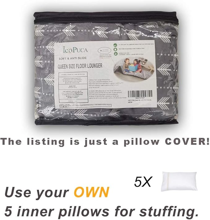 ICOPUCA Floor Lounger Pillow casing for boy Girl, Soft Minky Plush, Arrow Print, Cover/Sleeve Only! Perfect Reading and Watching TV Cushion - Excellent for Sleepovers, Queen Size;