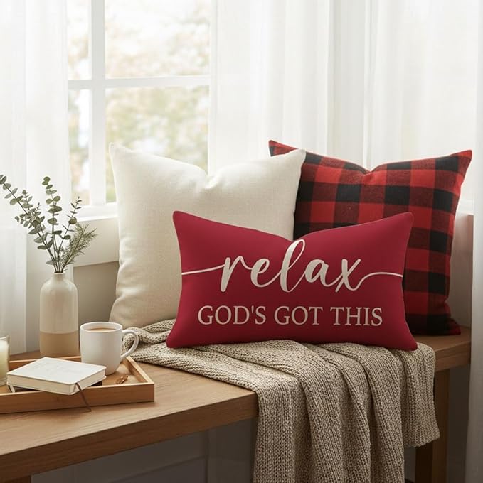 Decorative Throw Pillow Covers 12x20 Inch Set of 2 – Crimson Red Christian Lumbar Pillowcase – Give It to God and Go to Sleep/Relax God’s Got This – Christmas Faith Bedroom Bed Decor