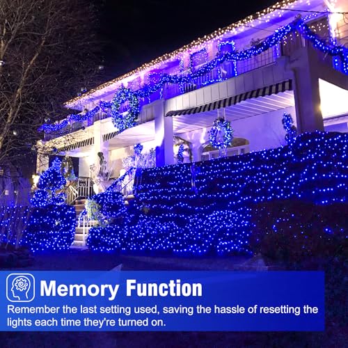 Blue Christmas Lights Outdoor, 66FT 200 LED Plug in Christmas Tree Lights Waterproof, 8 Modes Connectable String Lights for Outside Indoor Home Patio Garden Tree Party Holiday Decorations - color: Blue, size: 66FT 200 LED