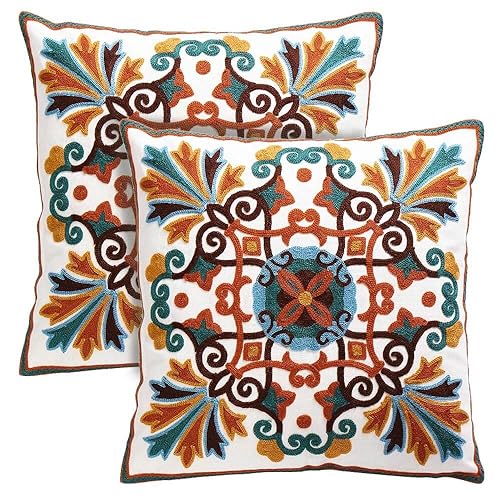 Throw Pillows Cover for Couch 18x18 inches Set of 2 Embroidered Pattern Decorative Pillow Case Covers for Living Room Sofa Bed Chair - color: 2pk-tan&brown&teal