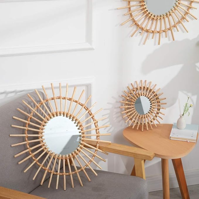OYPEIP 22" Large Natural Rattan Sunburst Bohemian Hanging Glass Decor,Rustic Handwoven Innovative Art Decoration Round Makeup Mirror for Dressing Living Room Bedroom Bathroom Corridor,Entryway