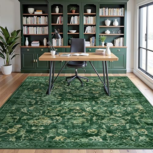 Deep Green Area Rugs 5x8 for Living Room, Washable Vintage Rugs for Bedroom, Distressed Throw Rug, Non Slip Rug Carpet for Bedroom Dining - color: Dark Green, size: 5'x8'