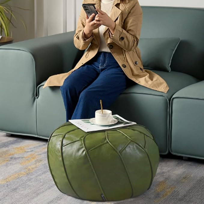 Louis Donné Handmade Moroccan Boho Chic Eco-Friendly Waterproof Faux Leather Unstuffed Pouf Ottoman Cover,Round Storage DIY Foot Rest, Ethnic Decorative Accent for Living Room Bedroom（Green）