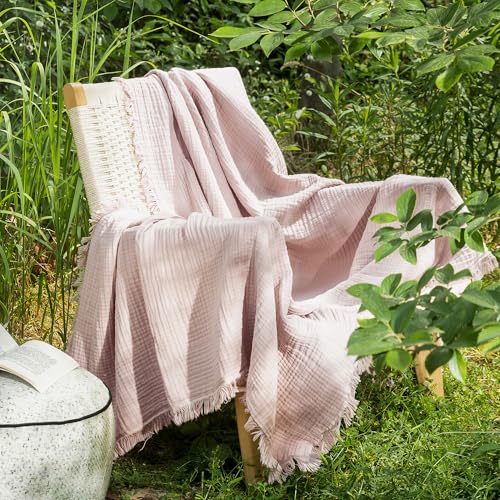 MooMee Muslin Blanket - 100% Cotton 4-Layer Gauze Throw Blanket with All-Around Fringe, Soft Breathable Lightweight Cooling Summer Blankets for Bed Couch(Greyish Pink,Throw 60" x 50") - color: Greyish Pink, size: Throw