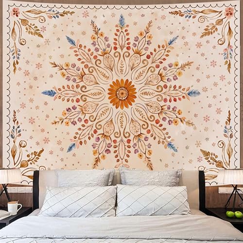 Fowocu Boho Floral Mandala Tapestry for Bedroom Aesthetic Watercolor Bohemian Flower Wall Tapestry Brown Beige Hippie Indian Extra Large Tapestries Wall Hanging for Living Room Dorm Decor 90 x 68 Inch - color: Brown Yellow, size: 90"L x 68"W