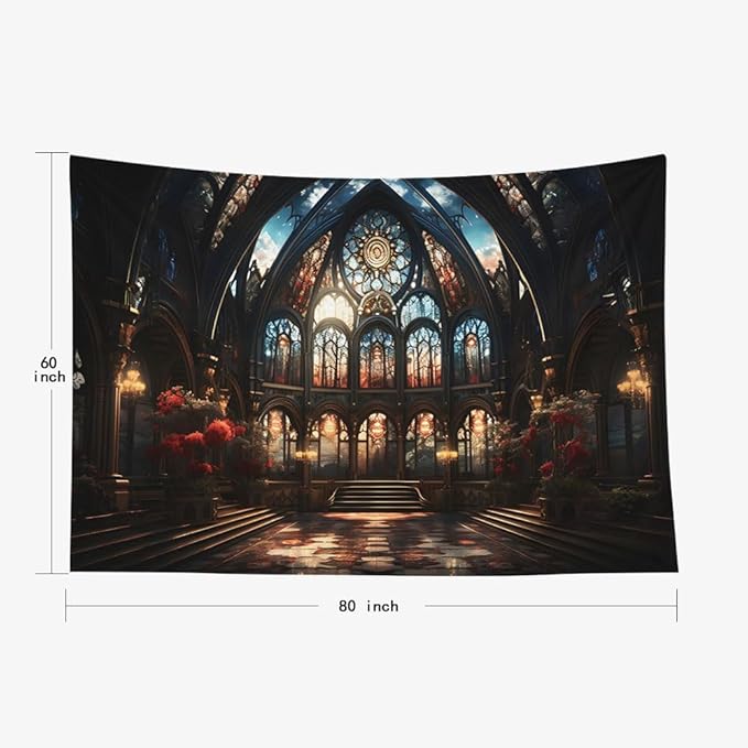 EMMTEEY Gothic Cathedral Tapestry Wall Hanging 80X60 Inch - Vintage Interior Room Wall Decor Medieval Fantasy Backdrop for Bedroom Dorm