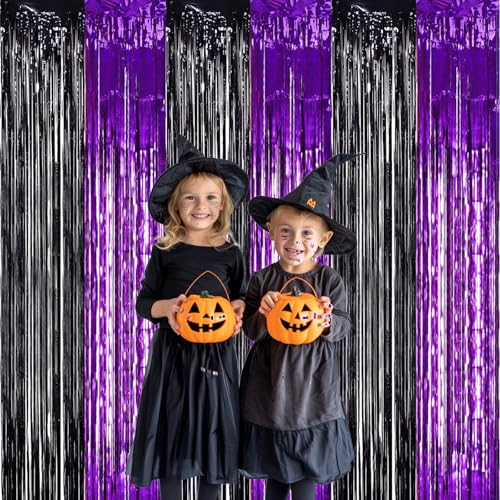 TONIFUL 2Pcs Black Purple Door Streamers,Photo Booth Backdrop Metallic Streamers Foil Fringe Curtains for Birthday Christmas New Year Bachelorette Halloween Party Streamers Decor - color: Black Purple