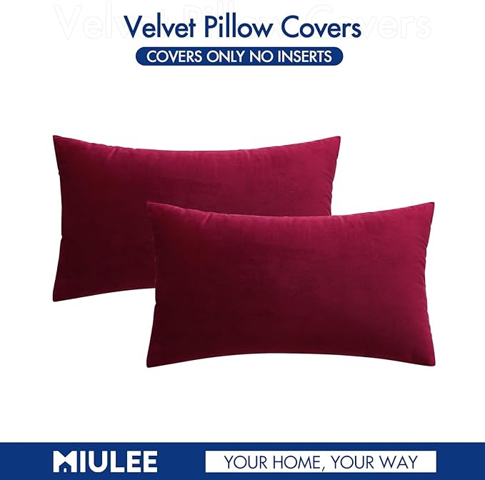 MIULEE Pack of 2 Velvet Soft Solid Decorative Lumbar Rectangle Throw Pillow Covers Cushion Case Home Decor for Sofa Couch Bedroom Car 12x20 Inch Wine Red