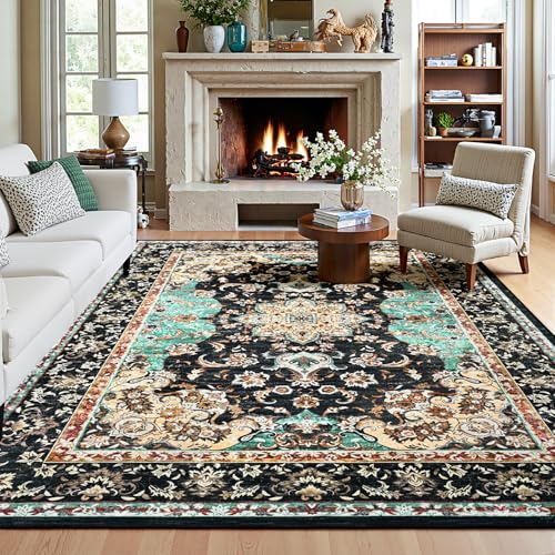 Amearea Vintage Design Black Area Rugs for Living Room, 4x6 Machine Washable Floral Collection Traditional Bedroom Rug, Low Pile Kids Room Carpet, No Slip Office Kitchen Home Decor, Black and Green - color: Black/Green, size: 4' X 6' (Rectangular)