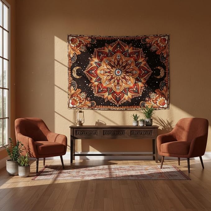 Accnicc Mandala Floral Tapestry Wall Hanging Boho Orange Red Tapestry Aesthetic Hippie Vintage Bohemian Flower Celestial Indian Cute Small Tapestries for Bedroom Living Room Dorm Decor 48 x 36 Inch