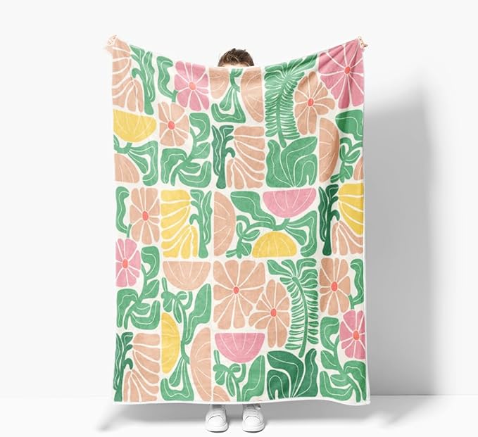 Boho Abstract Colorful Floral Throw Blanket, Vintage Retro Patchwork Pink Green Flower Botanical Geometric Aesthetic Groovy Flannel Throw Blanket for Chair Bed Sofa Couch, 50X60IN
