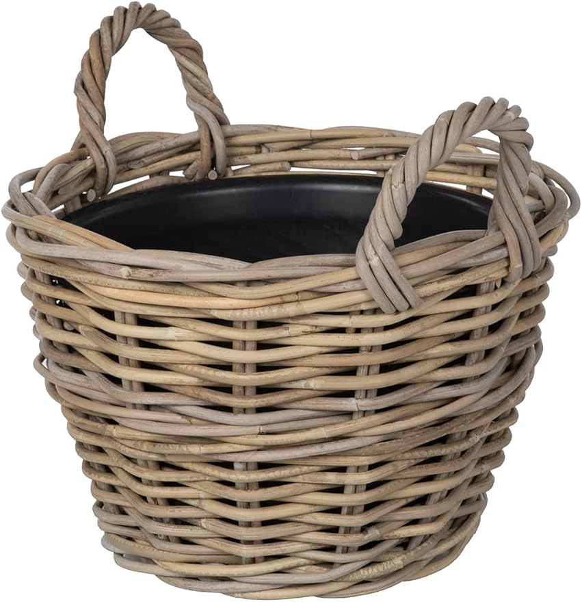 Rattan Kobo Indoor Outdoor Planter Basket with Ear Handles Plastic Pot Small 4 Gallon Soil Capacity