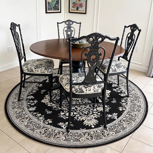 HOMORE Vintage Round Rug 4ft Washable Non Slip Circle Rugs 48inch Indoor Carpet for Bedroom Living Room Dining Room Kids Room Home Office Dorm,Black - color: Black, size: 4' (Round)