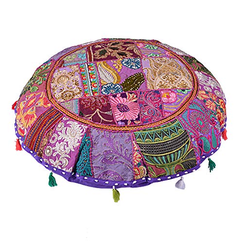 Rajasthani Handmade Colorful Decorative Floor Pillow Cover Meditation Patchwork Patchwork Cushion Seating Accent Boho Chic Indian Handmade Cover ONLY (Purple Patchwork, 32x32 Inches) - color: Purple