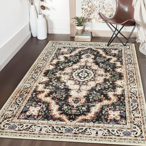Black Rug 3'x5',Washable Area Rugs for Bedroom Living Room Kitchen Entryway Bedside,Small Boho Vintage Bohemian Distressed Non Slip Carpet,Colorful Floral - color: Black, size: 3'x5'