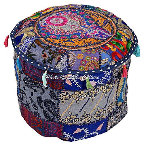 Cotton Indian Ethnic Floral Patchwork Embroidered Round Ottoman Pouf Cover Blue Foot Stool Furniture 45 cm Footstool Floor Cushion Home Decor Bean Bag - color: Dark Blue
