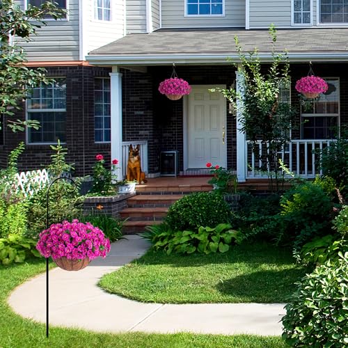 Ammyoo Artificial Hanging Flower Plants with Basket for Outdoor Decoration, Faux Petunias Flowers Fake Morning Glory Planter for Outside Patio Garden Porch Balcony Yard Decor(Fuchsia) - color: Fuchsia