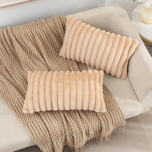 ZLINA Set of 2 Apricot Faux Fur Decorative Throw Pillow Covers Fluffy Striped Pillowcase Cushion Covers 12 x 20 Inch Decor Sofa Couch Bedroom - color: Apricot, size: 20" x 12" (Pack of 2)