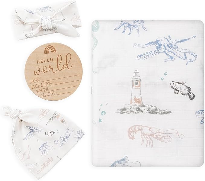 BabyWhale Muslin Swaddle Blanket with Hat and Headband Bow, Marine Animals Pattern Swaddle Set for Baby Boys ＆ Girls, Unisex Newborn Soft Receiving Swaddle Wrap, 47x47 inches