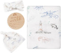 BabyWhale Muslin Swaddle Blanket with Hat and Headband Bow, Marine Animals Pattern Swaddle Set for Baby Boys ＆ Girls, Unisex Newborn Soft Receiving Swaddle Wrap, 47x47 inches