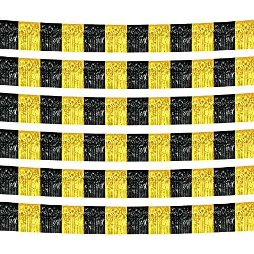 6 Pack 10 Feet Black Gold Foil Fringe Garland Metallic Tinsel Streamers Banner Wall Hanging Curtain Backdrop Banner for Parade Floats, Thanksgiving, Christmas, Birthday, Halloween Party Decorations - color: 6 Pack Black Gold