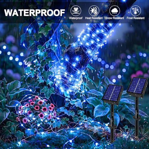 Solar String Lights 2 Pack Total 66FT 200LED Solar Fairy Lights Outdoor Waterproof 8 Lighting Modes Twinkle Lights for Patio, Garden Yard Party Wedding Tree Christmas Halloween Decoration, Blue - color: Blue