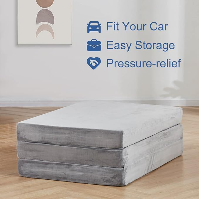 SINWEEK 4" Single Memory Foam Folding Mattress with Storage Bag - Foldable Trifold Floor Bed Topper, CertiPUR-US Certified Guest Sleeping Pad, Machine Washable Cover