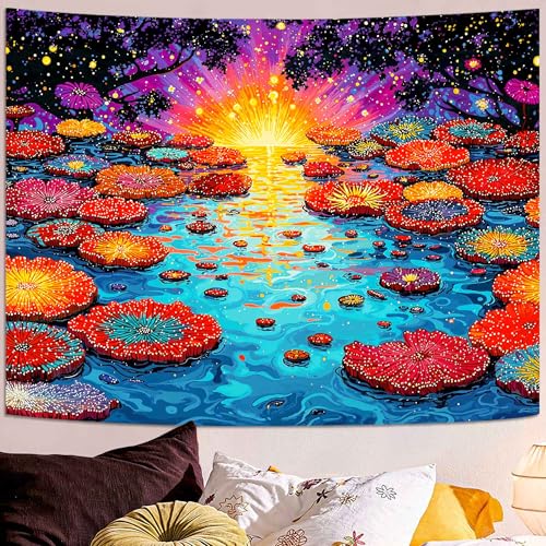 Lunerfex Trippy Lotus Pond Sunrise Wall Tapestry, Vibrant Water Lilies Tapestries for Home Decor, Artistic Tapestry 90x70 Inch - color: Golden Yellow, size: 90"L x 70"W