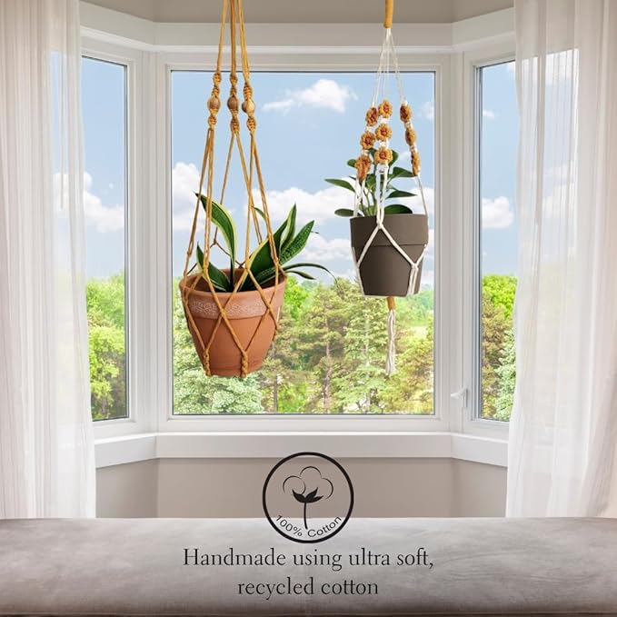 Set of 2 Macrame plant hanger with Daisies & Beads | Hanging plant holder Macrame Plant hangers outdoor and indoor hanging planters Plant stand indoor Boho Decor hanging planter stand (SunshineYellow)
