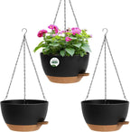 3 Pack 10 Hanging Flower Pots with Chains Self Watering Plastic Planters for Indoor Outdoor Plants, Sturdy Triangular Iron Chain Design for Garden PorchPlastic hanging flower pots (3, Black Brown)