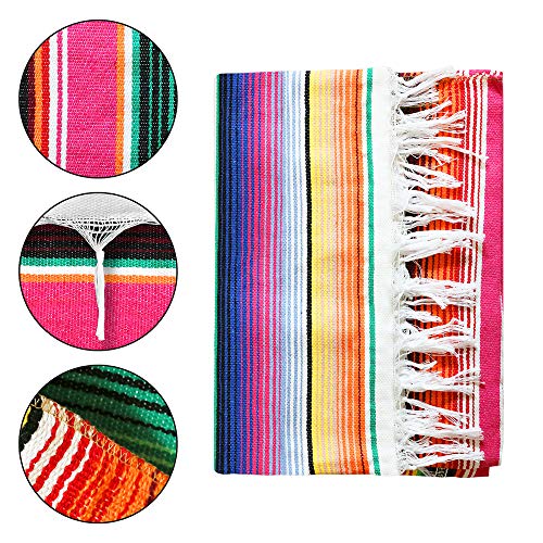 Xplanet Mexican Serape Blanket, 84 X 59 Inch, Cotton, Rectangular, Rose Pink, Tablecloth, All-Season, Tassel - color: Rose Pink
