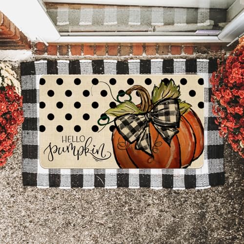 Fall Door Mat Outside,Polka Dot Hello Pumpkin Welcome Mat for Front Door,Thanksgiving Autumn Indoor Outdoor Non-Slip Rugs,Fall Doormat for Farmhouse Home Porch Decorations 30" x 17" - color: Fall 3