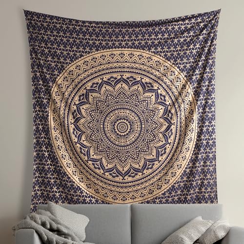 THE ART BOX Blue and Gold Ombre Mandala Tapestry – Boho Wall Hanging and Cotton Throw – Bohemian Room Décor or Queen Bedspread, 85x90 Inches - color: Gold and Blue, size: 85"L x 90"W