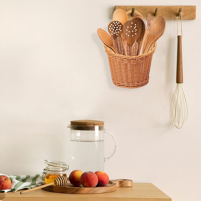 5 Pack 6.7 x 6 inch Woven Hanging Fruit Basket, Wall Hanging Wicker Baskets, Wall Fruit Wicker Basket for Kitchen, Planter, Vegetable & Fruit, Boho Home Decor