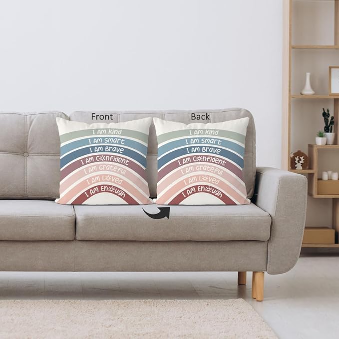 QIYUHOY Rainbow Classroom Throw Pillow Covers, Book Center Calming Corner Playroom Decor Pillow Case, Crimson Pillow Cover, I Am Kind Smart Brave Confidence 18x18 Inch Pillowcase（Crimson）