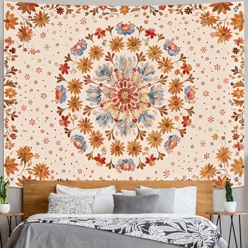 Fowocu Boho Floral Mandala Tapestry Wall Hanging Watercolor Bohemian Flower Medallion Tapestry Aesthetic Beige Orange Hippie Indian Small Tapestries for Bedroom Living Room Dorm Decor 40 x 30 Inch - color: Beige Orange, size: 40"L x 30"W
