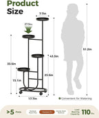 Bamworld Tall Plant Stand Indoor Outdoor Plant Stand with Wheels Heavy Duty Metal Plant Shelf for Multiple Plants Flower Stands for Patio Corner Garden Living Room Balcony, Black