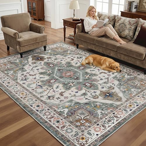 HOOBRO Washable Rug 6 x 9 Area Rugs for Living Room, Non-Slip Stain Resistant Rug, Low Pile Soft Rug Indoor Large Carpets Pet Friendly Mat, for Bedroom Kitchen Dining Room, Vintage Green GN04AR01 - color: Vintage Green, size: 6' x 9' (Rectangular)
