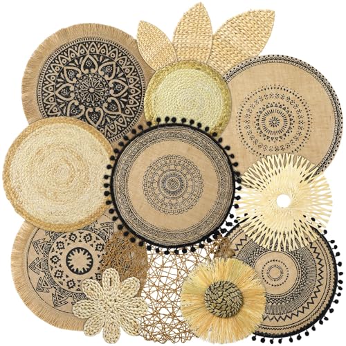 Xuhal 15 Pcs Boho Wall Basket Decor Handcrafted Seagrass Woven Wall Basket Rustic Round Woven Hanging Art for Home Farmhouse Kitchen Table Living Room(Mixed Colors Style) - style: Mixed Colors Style