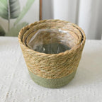 Natural Handwoven Seagrass Planter Basket with Waterproof Liner, Multi-Use Belly Wicker Storage Basket for Plant Pot Cover Indoor Outdoor(Green,6.89''X4.72'')