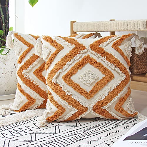 JOJUSIS Boho Throw Pillow Covers with Handmade Tassels Decorative Woven Tufted Orange Pillowcase for Couch Bedroom 18 x 18 Inch Orange B - color: Orange B, size: 18" x 18" (Pack of 1)